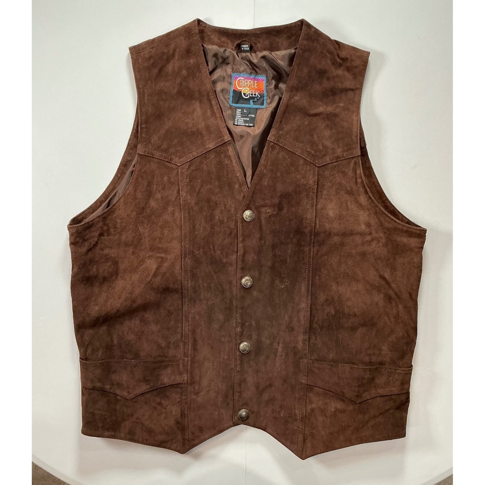 VTG Cripple Creek Suede Leather Vest Men L Brown Western Cowboy Ranch Rockabily